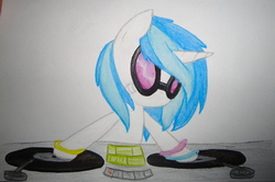 Size: 3368x2237 | Tagged: safe, artist:beetrue, dj pon-3, vinyl scratch, pony, g4, female, high res, solo, traditional art, turntable