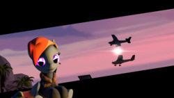 Size: 1920x1080 | Tagged: safe, rainbow dash, pony, g4, 3d, clothes, female, lens flare, plane, sky, solo, source filmmaker, sunset, sweater, tree