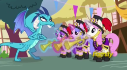 Size: 728x406 | Tagged: safe, screencap, princess ember, sea swirl, seafoam, twinkleshine, dragon, pony, g4, triple threat, band, clothes, fist, marching band uniform, menacing, musical instrument, ponyville, trumpet, uniform, unnamed character, unnamed pony