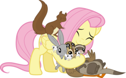 Size: 7230x4492 | Tagged: safe, artist:timeymarey007, fluttershy, chipmunk, duck, ferret, mouse, pegasus, pony, rabbit, squirrel, g4, the hooffields and mccolts, .svg available, absurd resolution, animal, cute, female, hug, mare, shyabetes, simple background, transparent background, vector