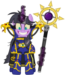 Size: 4000x4600 | Tagged: safe, artist:a4r91n, twilight sparkle, alicorn, pony, g4, absurd resolution, armor, chaos (warhammer 40k), chaos sorcerer, chaos space marine, chaos star, creepy, creepy smile, crossover, dark magic, female, glowing eyes, grin, looking at you, magic, mare, power armor, psyker, runes, sharp teeth, simple background, smiling, solo, sombra eyes, sorceress, staff, teeth, telekinesis, thousand sons, transparent background, tzeentch, vector, warhammer (game), warhammer 40k