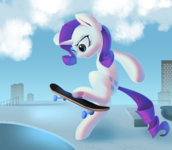 Size: 2700x2355 | Tagged: safe, artist:php69, rarity, pony, unicorn, g4, building, cloud, female, high res, mare, midair, skateboard, skateboarding, sky, solo, underhoof