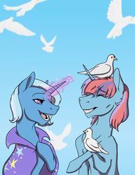 Size: 2550x3300 | Tagged: safe, artist:phobicalbino, trixie, oc, bird, pigeon, pony, unicorn, g4, duo, female, high res, magic, mare, open mouth, raised hoof, sitting