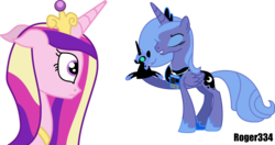 Size: 2872x1516 | Tagged: safe, artist:roger334, nightmare moon, princess cadance, princess luna, pony, g4, puppet, s1 luna, scared, simple background, transparent background, ventriloquism, wat