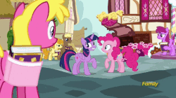 Size: 680x382 | Tagged: safe, edit, edited screencap, screencap, berry punch, berryshine, carrot top, cherry berry, coco crusoe, golden harvest, pinkie pie, twilight sparkle, alicorn, earth pony, pony, fame and misfortune, g4, animated, family, female, gif, male, mare, stallion, twilight sparkle (alicorn)