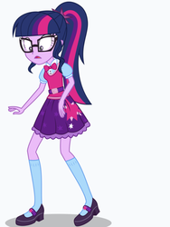 Size: 1536x2048 | Tagged: safe, artist:limedazzle, sci-twi, twilight sparkle, equestria girls, g4, belt, bowtie, clothes, female, glasses, mary janes, open mouth, ponytail, raised leg, sci-twi outfits, shocked, shoes, show accurate, simple background, skirt, socks, solo, white background