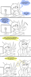 Size: 1600x4000 | Tagged: safe, artist:dangercloseart, princess celestia, oc, oc:danger close, pony, g4, blushing, comic, computer, desk, drink, high res, partial color, spread wings, style emulation, wingboner, wings