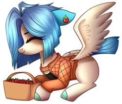 Size: 1552x1322 | Tagged: safe, artist:astralblues, oc, oc only, pegasus, pony, basket, clothes, eyes closed, female, floppy ears, food, mare, prone, simple background, smiling, solo, strawberry, transparent background