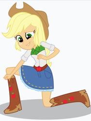 Size: 1536x2048 | Tagged: safe, artist:limedazzle, applejack, equestria girls, g4, apple, belt, boots, clothes, cowboy boots, cowboy hat, denim skirt, female, food, freckles, hat, scared, shoes, show accurate, simple background, skirt, solo, stetson, white background