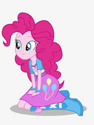 Size: 1536x2048 | Tagged: safe, artist:limedazzle, pinkie pie, equestria girls, g4, balloon, boots, bracelet, clothes, cute, female, jewelry, kneeling, shirt, shoes, show accurate, simple background, skirt, solo, teenager, vest, white background