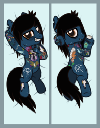 Size: 1177x1498 | Tagged: safe, artist:lightningbolt, derpibooru exclusive, earth pony, pony, undead, zombie, zombie pony, g4, .svg available, bags under eyes, bedroom eyes, blood, bloodshot eyes, body pillow, body pillow design, bone, bring me the horizon, butt, colored pupils, fangs, featureless crotch, grin, hair over one eye, hoof under chin, hooves behind head, implied shipping, lip piercing, looking at you, male, oliver sykes, on back, peeling flesh, piercing, plot, ponified, presenting, prone, rainbow blood, scar, show accurate, smiling, solo, stallion, stitches, sultry pose, svg, tattoo, torn ear, vector