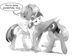 Size: 3300x2550 | Tagged: safe, artist:silfoe, princess luna, twilight sparkle, alicorn, pony, royal sketchbook, g4, cute, dancing, dialogue, duo, female, floppy ears, grayscale, high res, lesbian, lunabetes, mare, monochrome, ship:twiluna, shipping, simple background, speech bubble, twiabetes, twilight sparkle (alicorn), underhoof, white background