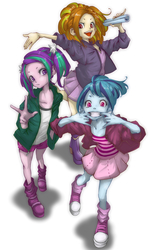 Size: 606x1000 | Tagged: safe, artist:ddd1983, adagio dazzle, aria blaze, sonata dusk, equestria girls, g4, adoragio, ariabetes, boots, clothes, cute, pigtails, ponytail, shoes, shorts, skirt, socks, sonatabetes, the dazzlings, younger