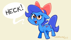 Size: 1453x828 | Tagged: safe, artist:shenanigan, oc, oc only, oc:blue cuss, earth pony, pony, >:d, bow, female, filly, freckles, hair bow, heck, simple background, solo, swearing