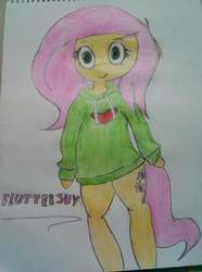 Size: 704x944 | Tagged: artist needed, source needed, safe, fluttershy, anthro, g4, clothes, female, hoodie, solo, traditional art