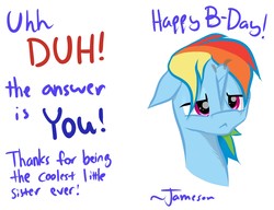 Size: 3325x2555 | Tagged: safe, artist:sharpieboss, rainbow dash, pony, g4, birthday card, fake horn, female, happy birthday, high res, mare, simple background, solo, white background