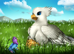 Size: 3509x2550 | Tagged: safe, artist:pridark, oc, oc only, oc:der, oc:gyro feather, oc:gyro tech, griffon, behaving like a bird, birds doing bird things, catbird, cute, eye contact, fluffy, grass, griffonized, high res, looking at each other, looking up, majestic, micro, nervous, open mouth, prone, sitting, smiling, species swap, sweat, sweatdrop, wide eyes