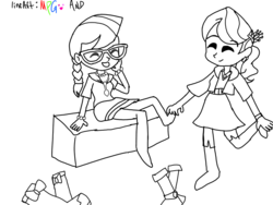 Size: 1024x768 | Tagged: safe, artist:sanjixxzoro, diamond tiara, silver spoon, human, equestria girls, g4, adorabullies, boots, bracelet, braid, clothes, compression shorts, cute, duo, eyes closed, feet, glasses, jewelry, necklace, shoes, sketch, skirt, tickling