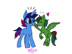 Size: 1024x768 | Tagged: safe, artist:sanjixxzoro, oc, oc only, oc:marquis majordome, oc:windy barebow evergreen, pegasus, pony, unicorn, bandage, boop, cute, duo, eyebrows, eyebrows visible through hair, eyes closed, female, glasses, heart, leg wraps, male, mare, simple background, stallion, white background