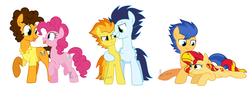 Size: 4540x1612 | Tagged: safe, artist:yaco, cheese sandwich, flash sentry, pinkie pie, soarin', spitfire, sunset shimmer, earth pony, pegasus, pony, unicorn, g4, female, male, ship:cheesepie, ship:flashimmer, ship:soarinfire, shipping, straight