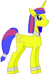 Size: 536x819 | Tagged: dead source, safe, artist:nightfallgloam, oc, oc only, oc:sunglow, pony, unicorn, blue, collar, female, gift art, mare, pharaoh, simple background, solo, transparent background, vector, yellow