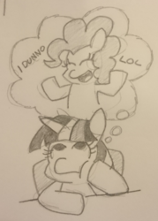Size: 1272x1776 | Tagged: safe, artist:threetwotwo32232, pinkie pie, twilight sparkle, pony, g4, monochrome, newbie artist training grounds, pencil drawing, shrug, text, thought bubble, traditional art