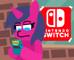 Size: 550x448 | Tagged: safe, artist:threetwotwo32232, oc, oc only, oc:fizzy pop, pony, game boy color, newbie artist training grounds, nintendo switch, poster, solo
