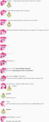 Size: 606x1507 | Tagged: safe, artist:dziadek1990, pinkie pie, pumpkin cake, pony, g4, annoyed, conversation, dialogue, emote story, emotes, eww, feeding, in the eye, let's fly to the castle, monster, ouch, pretend, reddit, regret, roleplaying, slice of life, spinach, spitting, stubborn, text