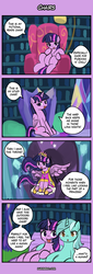 Size: 400x1180 | Tagged: safe, artist:lumineko, lyra heartstrings, twilight sparkle, alicorn, pony, unicorn, g4, triple threat, 4koma, :o, chair, comic, dialogue, duo, looking at you, meme, open mouth, sitting, sitting lyra, smiling, spread wings, that pony sure does love chairs, twilight sparkle (alicorn), wings