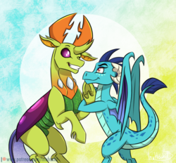 Size: 1024x952 | Tagged: safe, artist:inuhoshi-to-darkpen, princess ember, thorax, changedling, changeling, dragon, triple threat, changeling x dragon, compound eyes, embrax, female, friendshipping, interspecies, king thorax, male, one eye closed, shipping, straight, wink