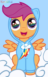 Size: 450x723 | Tagged: safe, artist:knofekid, scootaloo, pegasus, pony, g4, clothes, cloud, cute, cutealoo, cutie mark, female, filly, foal, happy, hoodie, on a cloud, open mouth, rainbow dash's cutie mark, signature, sitting, smiling, solo, spread wings, wings
