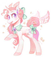 Size: 654x748 | Tagged: safe, artist:kingbalberith, oc, oc only, pony, unicorn, bow, ear piercing, earring, floating wings, hair bow, jewelry, piercing, simple background, smiling, solo, tail bow, transparent background
