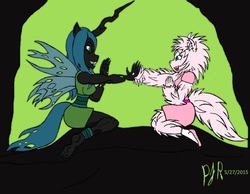 Size: 2162x1682 | Tagged: safe, artist:teamavalanchemember2, queen chrysalis, oc, oc:fluffle puff, changeling, changeling queen, earth pony, anthro, plantigrade anthro, g4, anthro oc, barefoot, breasts, canon x oc, cute, cutealis, dork, dorkalis, feet, female, fluffy, happy, lesbian, playing, ship:chrysipuff, shipping, simple background