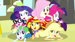 Size: 1920x1080 | Tagged: safe, screencap, applejack, fluttershy, pinkie pie, rainbow dash, rarity, sunset shimmer, twilight sparkle, epic fails, equestria girls, g4, my little pony equestria girls: summertime shorts, boots, female, shoes