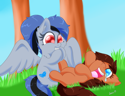 Size: 1200x923 | Tagged: safe, artist:luciusheart, oc, oc only, oc:acela, oc:tree, earth pony, pegasus, pony, cute, laughing, playing, tickling, weapons-grade cute