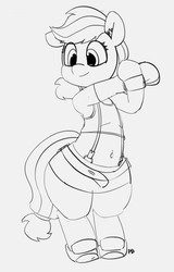 Size: 1225x1920 | Tagged: safe, artist:pabbley, applejack, earth pony, pony, g4, 30 minute art challenge, belly button, bipedal, clothes, cosplay, costume, female, final fantasy, final fantasy vii, mare, monochrome, solo, stretching, tifa lockhart