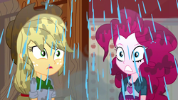 Size: 1920x1080 | Tagged: safe, screencap, applejack, pinkie pie, epic fails, equestria girls, g4, my little pony equestria girls: summertime shorts, clothes, duo, makeup, running makeup, wet, wet boots, wet clothes