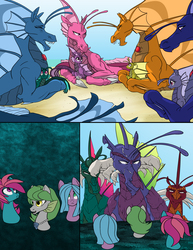 Size: 2550x3300 | Tagged: safe, artist:feroxultrus, oc, oc only, hippocampus, merpony, siren, beach, cloven hooves, family, fangs, father, fear, female, fins, foal, gem, high res, laughing, male, mother and daughter, mother and son, ocean, scared, siren oc