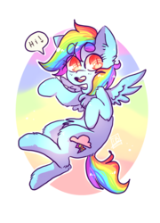 Size: 736x1024 | Tagged: safe, artist:jackytheripperart, rainbow dash, pegasus, pony, g4, cat eyes, chest fluff, cute, dialogue, eyebrows, female, flying, hi, rainbow, slit pupils, solo, waving