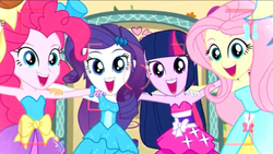 Size: 1136x640 | Tagged: safe, screencap, fluttershy, pinkie pie, rainbow dash, rarity, twilight sparkle, a photo booth story, equestria girls, g4, my little pony equestria girls: summertime shorts, :d, clothes, cute, dress, faic, fall formal outfits, female, happy, looking at you, mane six, open mouth, photography, smiling, twilight ball dress