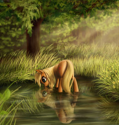 Size: 1600x1689 | Tagged: safe, artist:zetamad, applejack, earth pony, pony, g4, butt, drinking, female, horses doing horse things, looking down, mare, missing accessory, nature, plot, pond, reflection, scenery, solo, tree