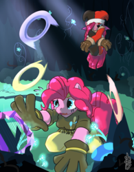 Size: 1167x1500 | Tagged: safe, artist:brownie-bytes, pinkie pie, earth pony, anthro, unguligrade anthro, g4, bard, cave, cave pool, chakram, crossover, duo, fantasy class, final fantasy, harp, juggler, mirror pool, musical instrument, pinkamena diane pie