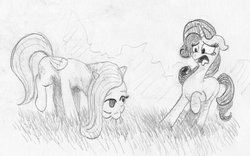 Size: 955x595 | Tagged: safe, artist:t72b, derpibooru exclusive, fluttershy, rarity, pegasus, pony, unicorn, g4, disgusted, grayscale, grazing, herbivore, horses doing horse things, monochrome, raised hoof, story in the comments, traditional art, uncouth