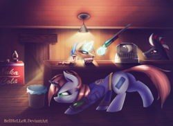 Size: 3000x2180 | Tagged: dead source, safe, artist:bellheller, oc, oc only, oc:littlepip, earth pony, pony, unicorn, fallout equestria, butt, clothes, cutie mark, fallout, fanfic, fanfic art, female, glowing horn, gun, hand, hiding, high res, hooves, horn, jumpsuit, levitation, magic, magic hands, male, mare, nuka cola, pipbuck, plot, scar, sneaking, soda, stallion, telekinesis, text, vault suit, weapon