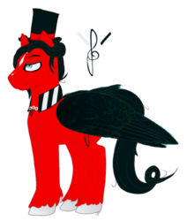 Size: 547x645 | Tagged: safe, artist:overlord pony, oc, oc only, oc:crimson corrado, pegasus, pony, cutie mark background, facial markings, hat, male, red and black oc, reference sheet, simple background, solo, stallion, top hat, transparent background, unshorn fetlocks