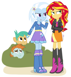 Size: 1200x1305 | Tagged: safe, artist:dm29, snails, snips, sunset shimmer, trixie, equestria girls, g4, bush, crossed arms, female, male, simple background, transparent background, trixie's fans, vector