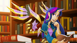Size: 1920x1080 | Tagged: safe, artist:didj, twilight sparkle, alicorn, human, my little mages, g4, book, bookshelf, clothes, female, humanized, library, open mouth, smiling, solo, twilight sparkle (alicorn)