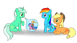 Size: 1777x1000 | Tagged: safe, artist:ekdeans, applejack, firefly, lyra heartstrings, megan williams, rainbow dash, earth pony, human, pegasus, pony, unicorn, g1, g4, rescue at midnight castle, female, humans riding ponies, humie, mare, riding, simple background, sitting, speech bubble, that pony sure does love humans, transparent background