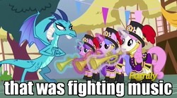 Size: 728x406 | Tagged: safe, edit, edited screencap, screencap, princess ember, sea swirl, seafoam, twinkleshine, dragon, pony, g4, triple threat, band, clothes, discovery family logo, fist, image macro, marching band uniform, meme, menacing, musical instrument, ponyville, trumpet, uniform, unnamed character, unnamed pony