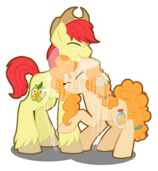 Size: 2133x2320 | Tagged: safe, artist:tuppkam1, bright mac, pear butter, earth pony, pony, g4, the perfect pear, cowboy hat, duo, eyes closed, female, hat, high res, hug, male, obtrusive watermark, ship:brightbutter, shipping, simple background, smiling, straight, transparent background, watermark